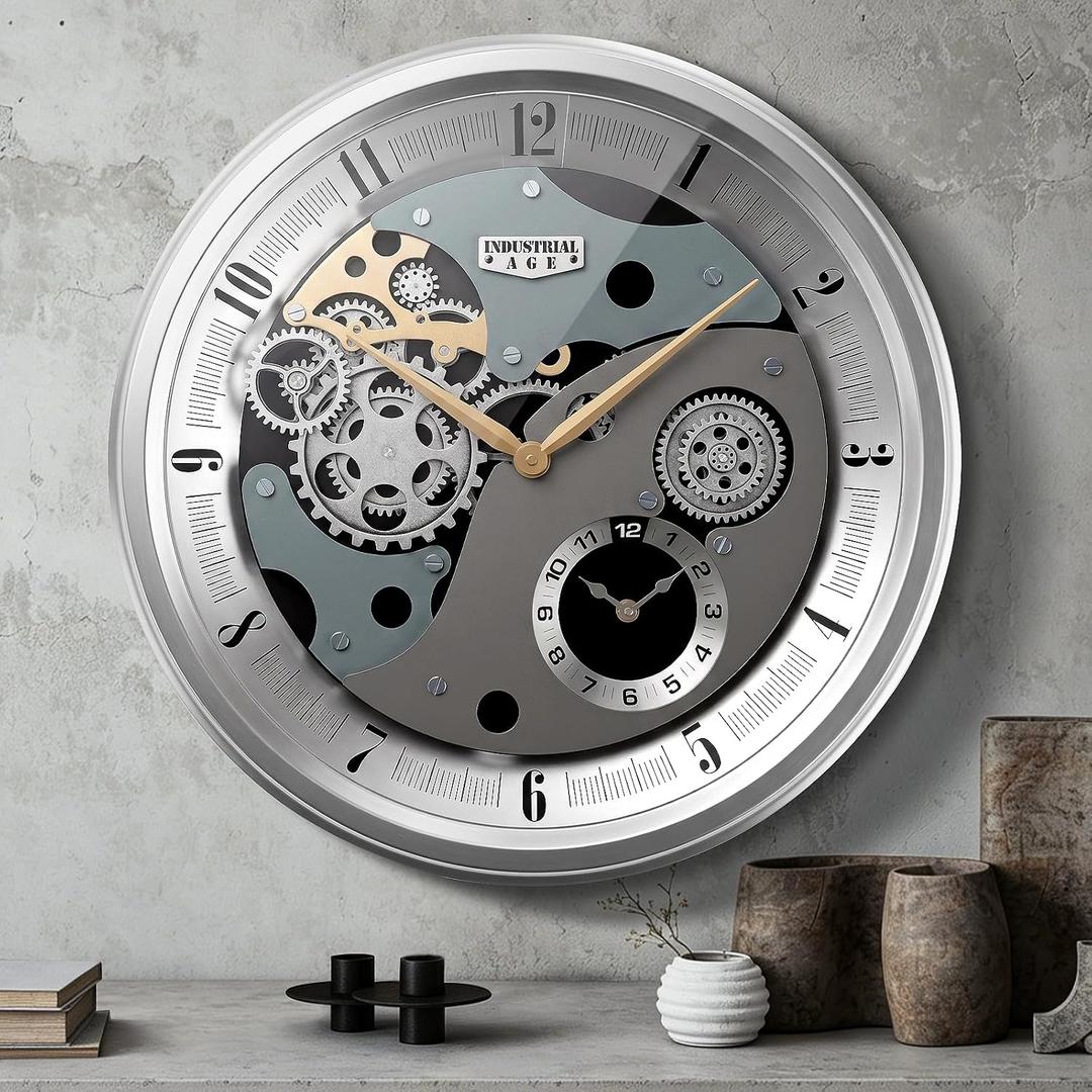 XSZ Industrial 20" Extra Large Wall Clock with Moving Gears & Dual Dials