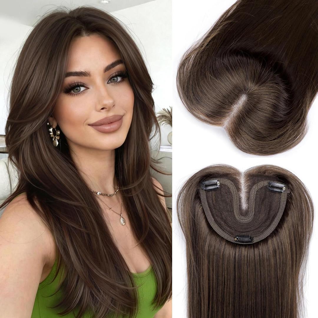 Isaic Hair Toppers for Women 24 Inch Synthetic Hair Topper with 360 Clips In and Adjustable Band, Layered Design Adds Natural Volume for Thinning Hair (Chocolate Brown with Dark Brown)