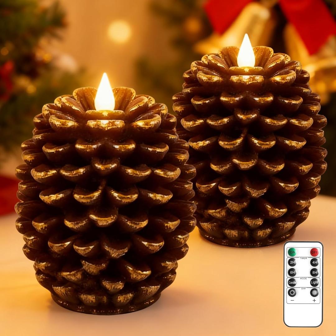 YAUNGEL 2 Pcs Pine Cone Candles Flameless with Remote Timer, Real Wax Christmas Battery Operated Pine Cone Candles, 3D Wick Battery Candle Flickering for Christmas Thanksgiving Day Holiday Home Decor