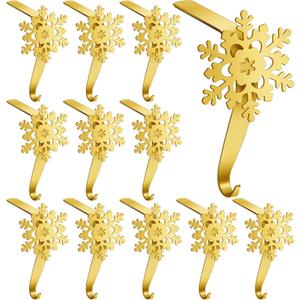 Peryiter 12 Pieces Snowflake Christmas Stocking Holders for Mantle Christmas Stocking Hooks Metal Sock Hangers Holder Stand Weighted for Fireplace(Gold)