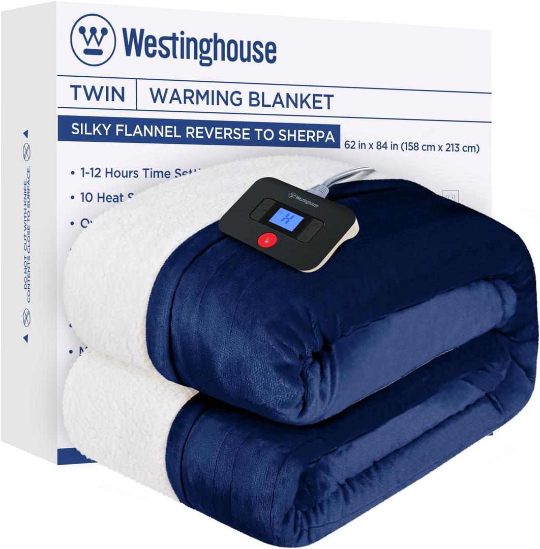 Westinghouse Electric Blanket Twin, Heated Blanket Twin Size with 10 Heating Levels and 1 to 12 Hours Heating Time Settings, Flannel to Sherpa Reversible, Machine Washable (62" x 84", Navy)