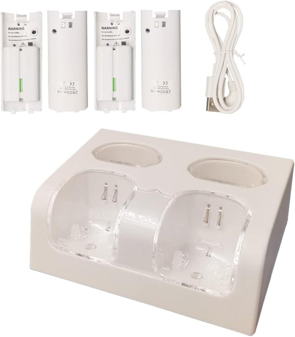 Wii Controller Charger Remote Charging Station for Wii Rechargeable Battery Pack for Nintendo Wii U Motion Plus Controller White (4 Pcs Batteries+USB Cable+Charger Station)