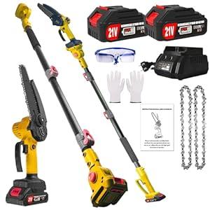 2-in-1 Electric Pole Saws for Tree Trimming, 6 Inch Cordless Pole Saw Battery Powered & Mini Chainsaw with 2 21V Batteries & Charger & Extension Pole, 14.2 Ft Max Reach Pole Saw for Branch Pruning