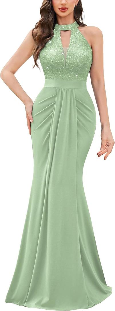 Miusol Women's Elegant Halter V-Neck Lace Sequin Pleated Formal Evening Maxi Dress (Mint Green)