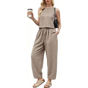 2 Piece Sets For Women Summer Gingham Tank Top Wide Leg Pants Matching Casual Beach Vacation Travel Lounge Sets (Coffee Khaki, Medium)