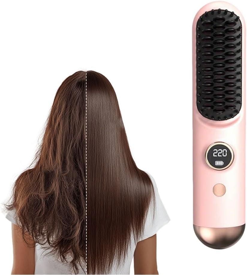 Go Brush, 2026 New Multifunctional Hair Straightener Brush with LCD Display 3 Temperature Settings, Portable Cordless Design for Travel and Daily Use, Fast Heating Styling Tool for Women (Pink)