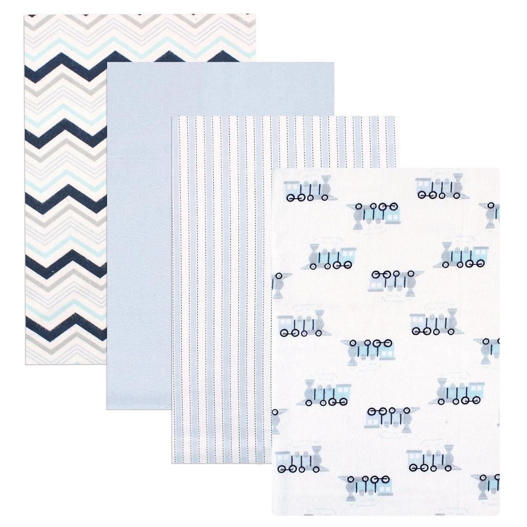 Luvable Friends Unisex Baby Cotton Flannel Receiving Blankets, Train 4-Pack, One Size