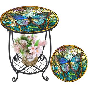 Cinnvoice Outdoor Side Table Round Small Mosaic Patio Accent Indoor End Plant Coffee Tea Table for Yard Patio Porch Garden Living Room, Bedroom(Butterfly Style,18 Inch)