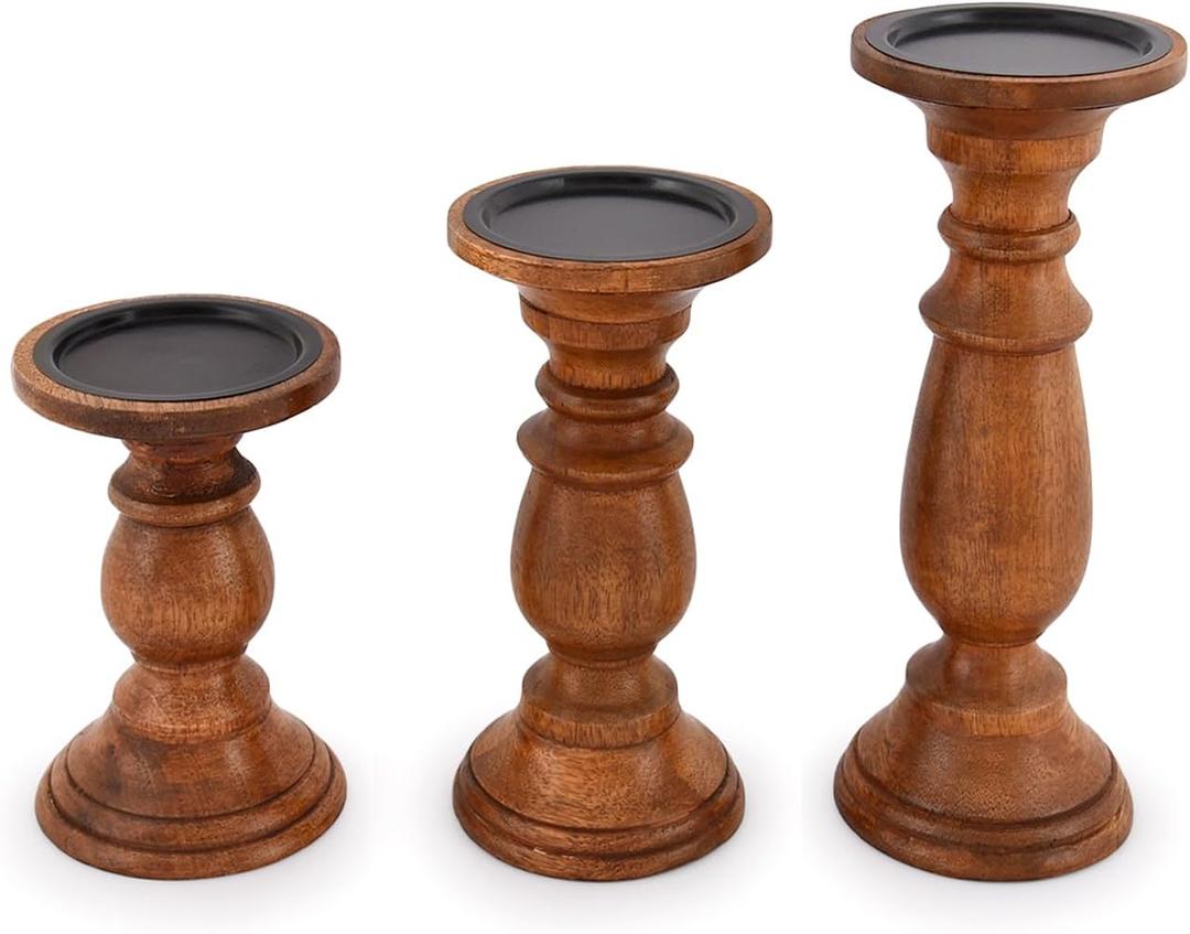 EDHAS Natural Round Turned Candle Holders for Pillar Candles Set of 3 Vintage Style Mango Wood Candle Holder for Centerpiece for Dining, Living Room