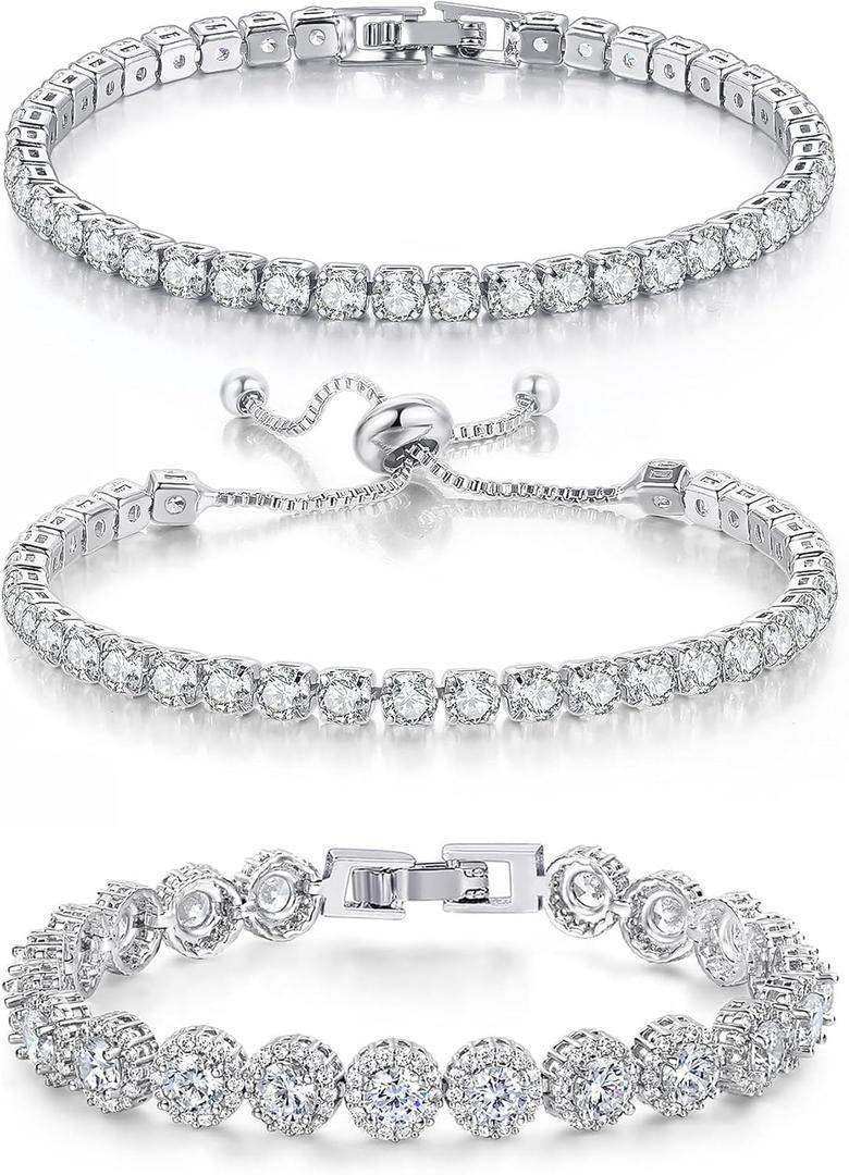 3 Pcs Tennis Bracelet Set White Gold Plated 5mm Round Cubic Zirconia CZ Diamond Dainty Adjustable Rhinestone Sterling Silver Bracelets for Women Stackable Fashion Wedding Prom Gift (3PCS Silver Bracelets Set-A)
