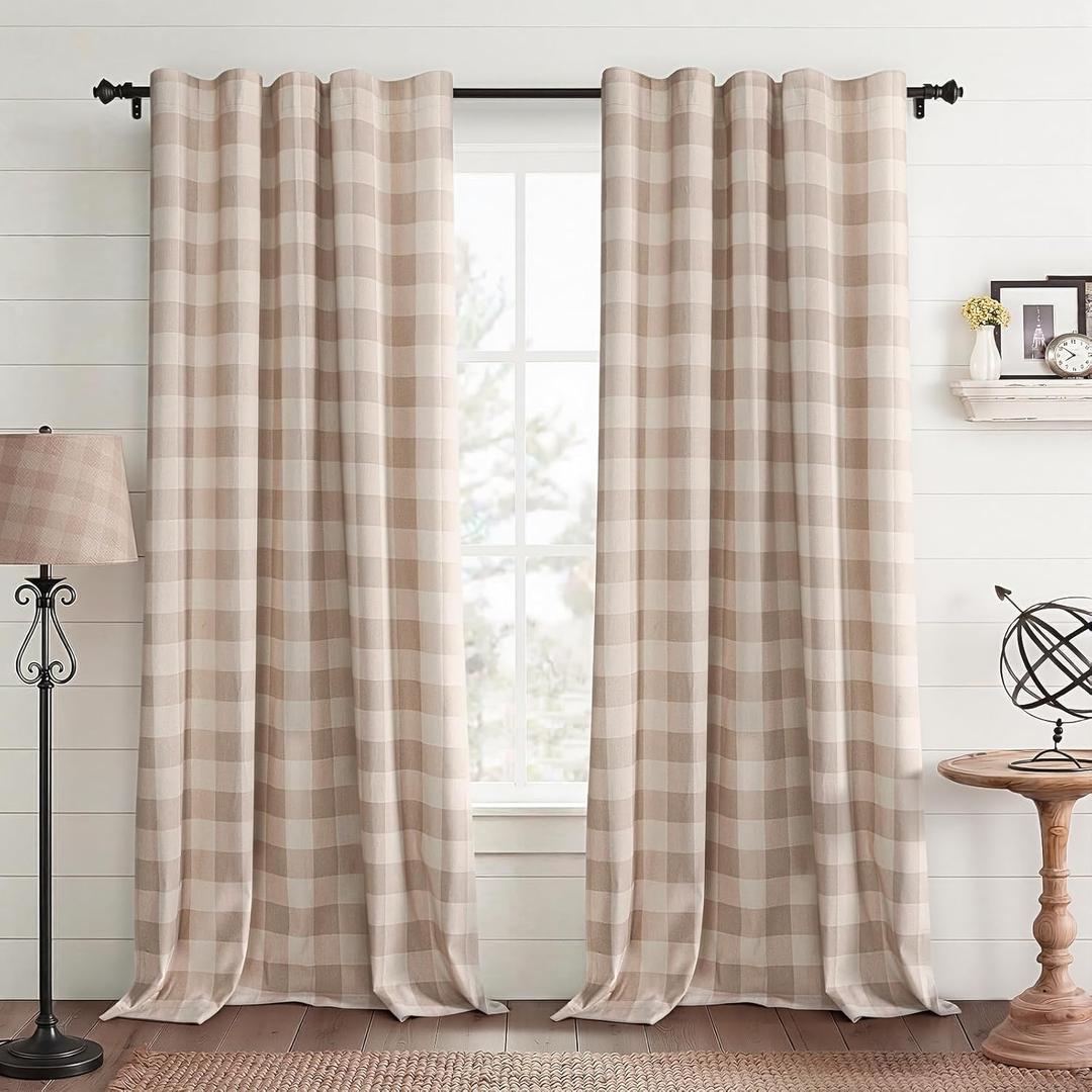 Farmhouse Gingham Curtains Blackout 84 Inches Long, Plaid Curtains for Bedroom and Living Room Buffalo Check Block Print Patterned Curtains 1 Panel (52"W x 84"L (Pack of 1), Neutral)