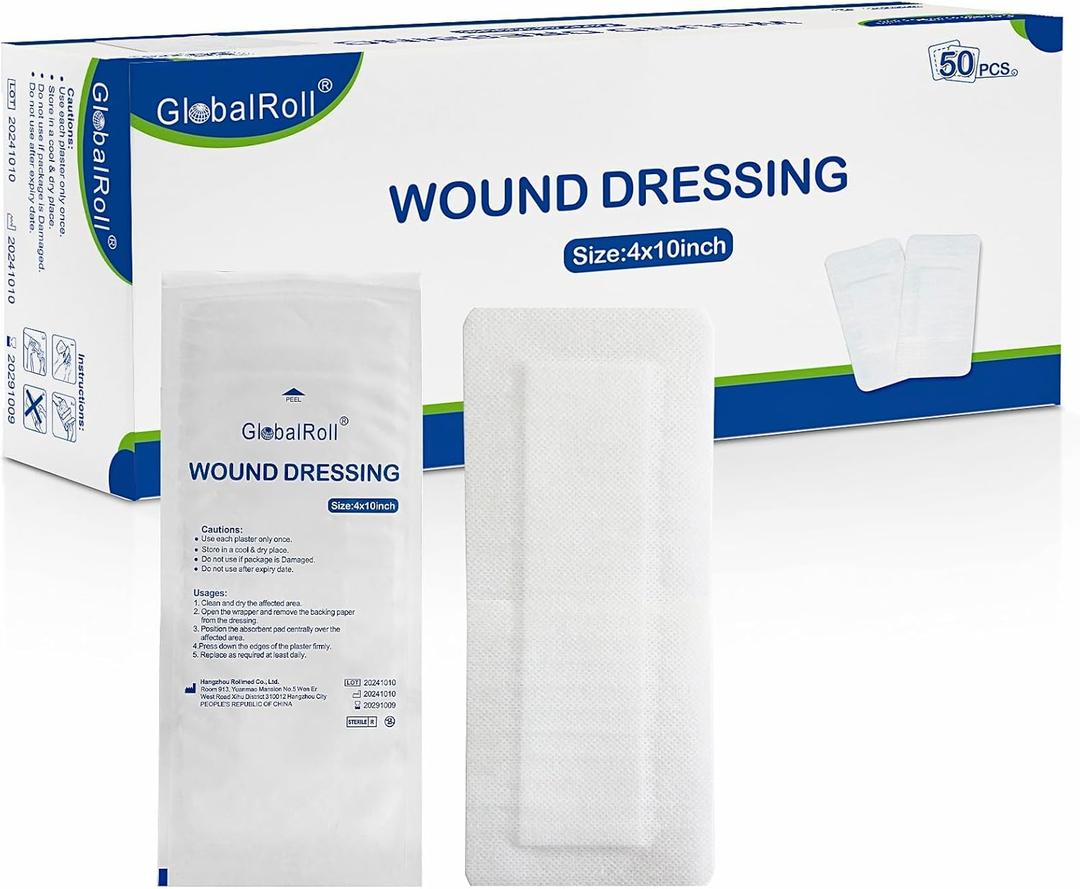 GlobalRoll Island Dressing Bordered Gauze 4"x10", 50 Individually Packed Non-Stick Pad in Center with Adhesive Border,Soft Absorbent Medical Grade Dressing Gauze Pad for Wound Care and First Aid