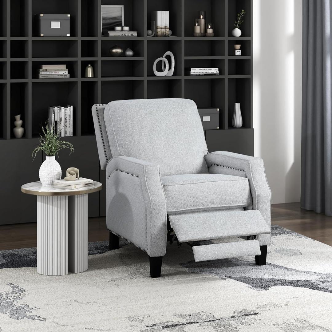 Lexicon Push Back Recliner Chair, Reclining Sofa Armchair, Modern Recliner Sofa Chair with Footrest, Chenille Fabric Recliner Arm Chair, Single Sofa Accent Chair for Living Room/Office/Apartment, Grey (Light Gray)