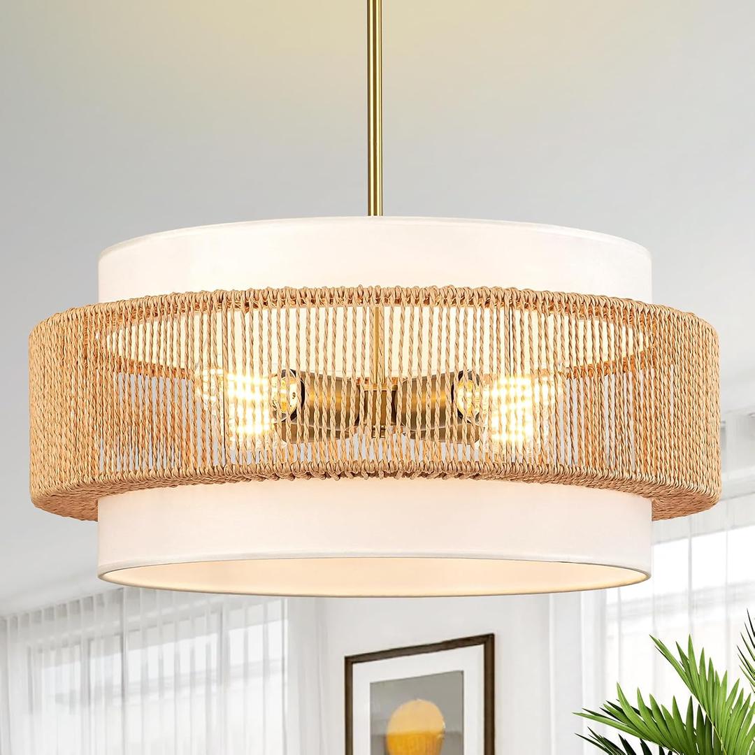 Boho Rattan Chandelier, 19.7" Large Boho Pendant Light with Fabric Lampshade, 4-Light Rattan Light Fixture Ceiling Hanging for Dining Room, Living Room, Bedroom, Kitchen Island, Hallway, Foyer, 19.7" Straight weaving