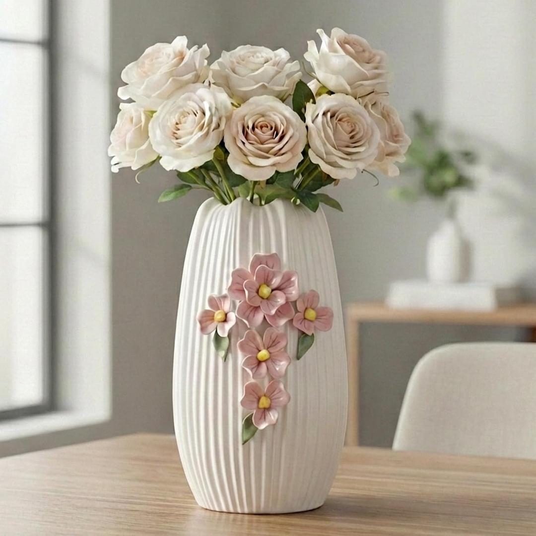 Ceramic Flower Vase - 9 Inch White Modern Vase for Pampas Grass, 3D Floral Vase for Living Room, Kitchen, Easter Table, Dining Room, Table Decor