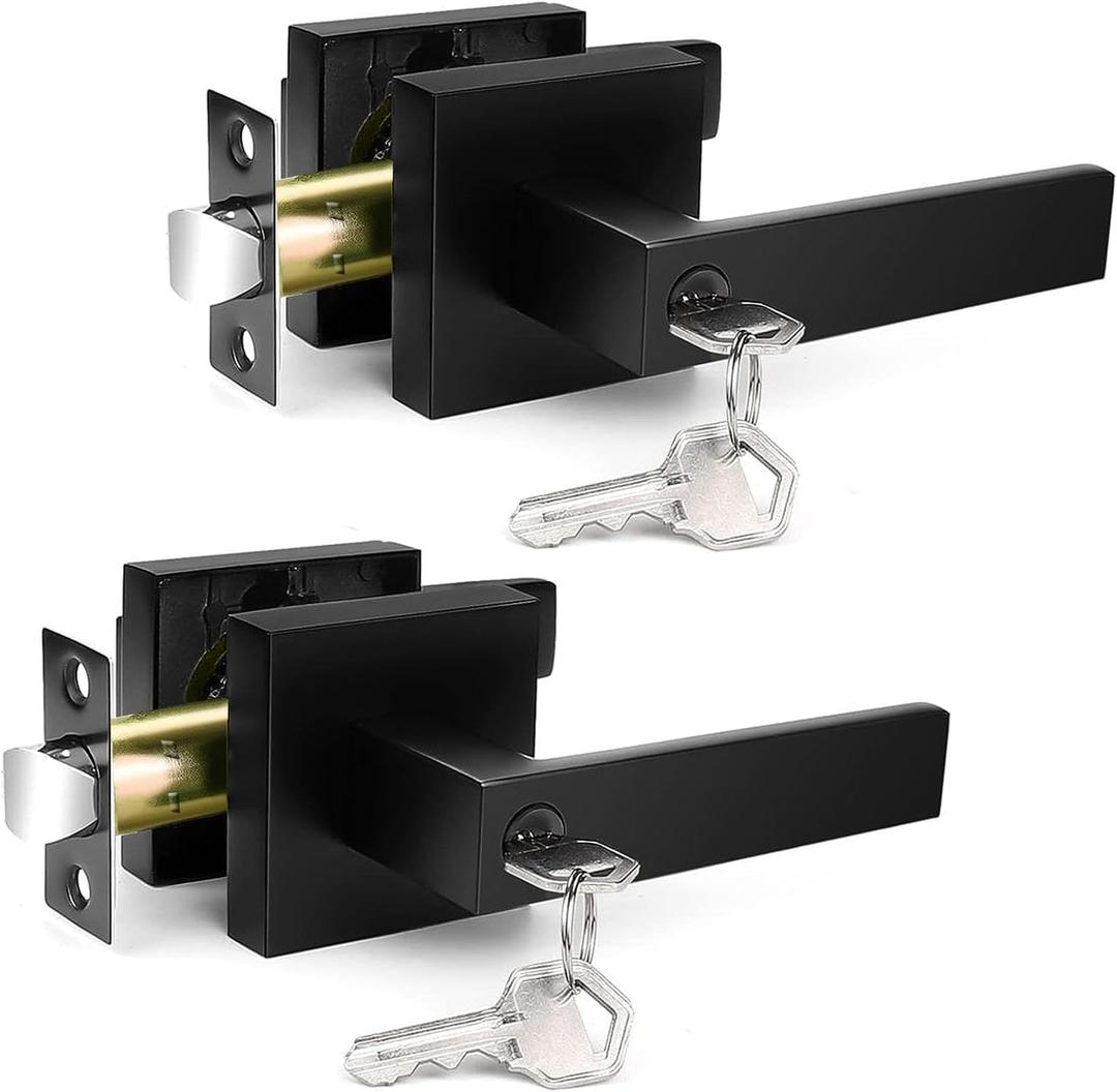 Door Handles Interior, Black Door Handle, Door Knob with Key (Same Keys), 2 Pack Heavy Duty Door Lock Sets, Reversible Lever Handles, for Bed/Bath, Matte Black