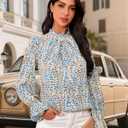 Womens Frill Mock Neck Boho Floral Tops Elegant Puff Long Sleeve Shirts 2025 Casual Vacation Outfits Work Blouse (M)