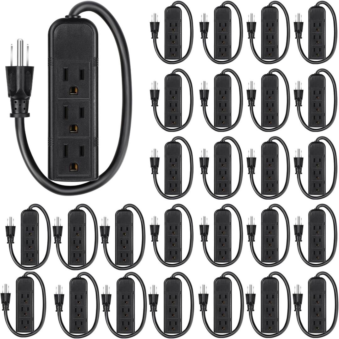 Copkim 12 Pack 3 Outlet Power Strip Extension Cord with Flat Plug Mini Cord 3 Ground Heavy Duty Mountable Outlets Strip for Computer Phone Home Office (1 ft, Black)