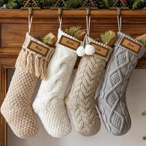 Personalized Knitted Christmas Stockings: 4 Pack 18 Inch Cable Knit Christmas Stockings, Cozy Hanging Xmas Stockings Boho Farmhouse Decorations for Family Holiday Dcor, White Gray Beige