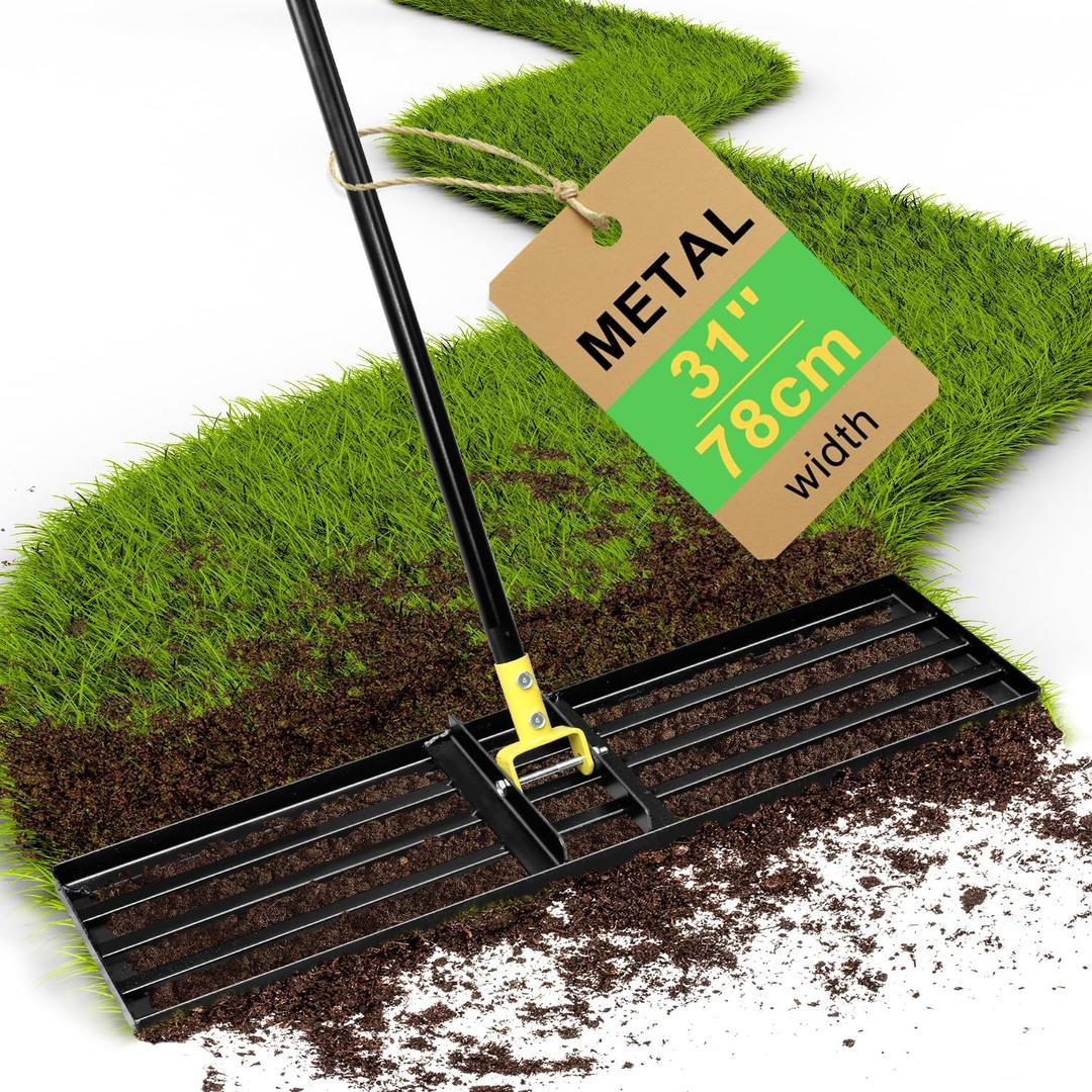 Colwelt Lawn Leveling Rake 31'', Hefty Lawn Leveler Rake for Grass Soil, Leveling Rake for Lawn with 72'' Ergonomic Curved End Grip Long Handle, Levelawn Tool Leveling Soil, Yard Lawn Leveling Tool