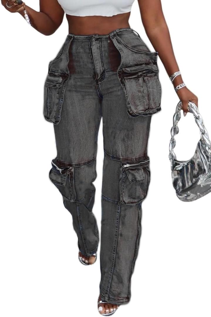 Vaceky Stretch Cargo Jeans Women Straight Leg Side Zipper Slit Y2K Denim Pants with Pockets (Small, Gray Black)