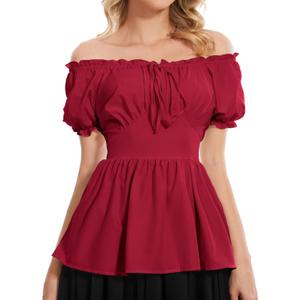 Renaissance Shirt Women Off Shoulder Medieval Pirate Steampunk Tops Peasant Top Vintage Victorian Blouse (X-Large, Red)