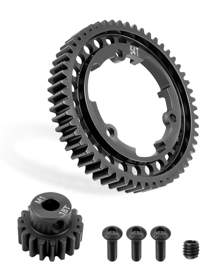 54T Hardened Steel Spur Gear with 18T Motor Pinion Gear, 1 Mod M1 Gear Set 6449 Compatible with Traxxas 1/5 X-Maxx 1/7 XO-1 1/10 Maxx 1/10 E-Revo 2.0 VXL RC Cars Replacement Upgrade Parts
