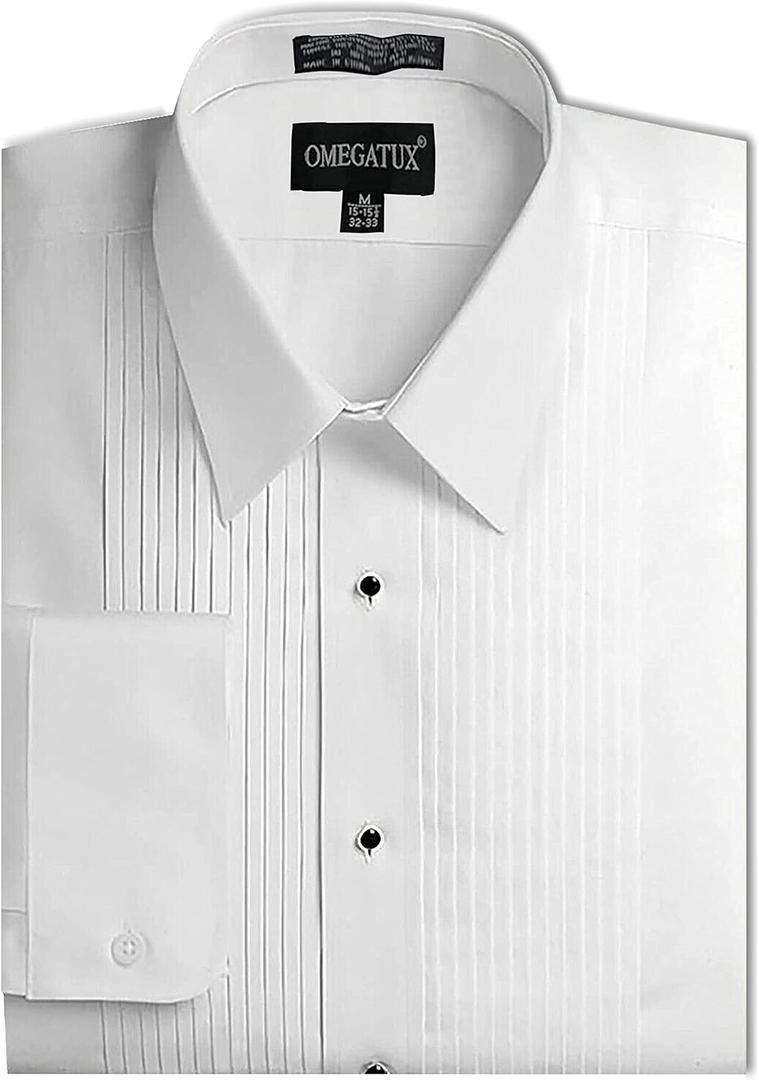 Mens Formal Laydown Spread Collar Tuxedo Shirt, 1/4" Pleat (15.5" Neck 35" Sleeve, White), M