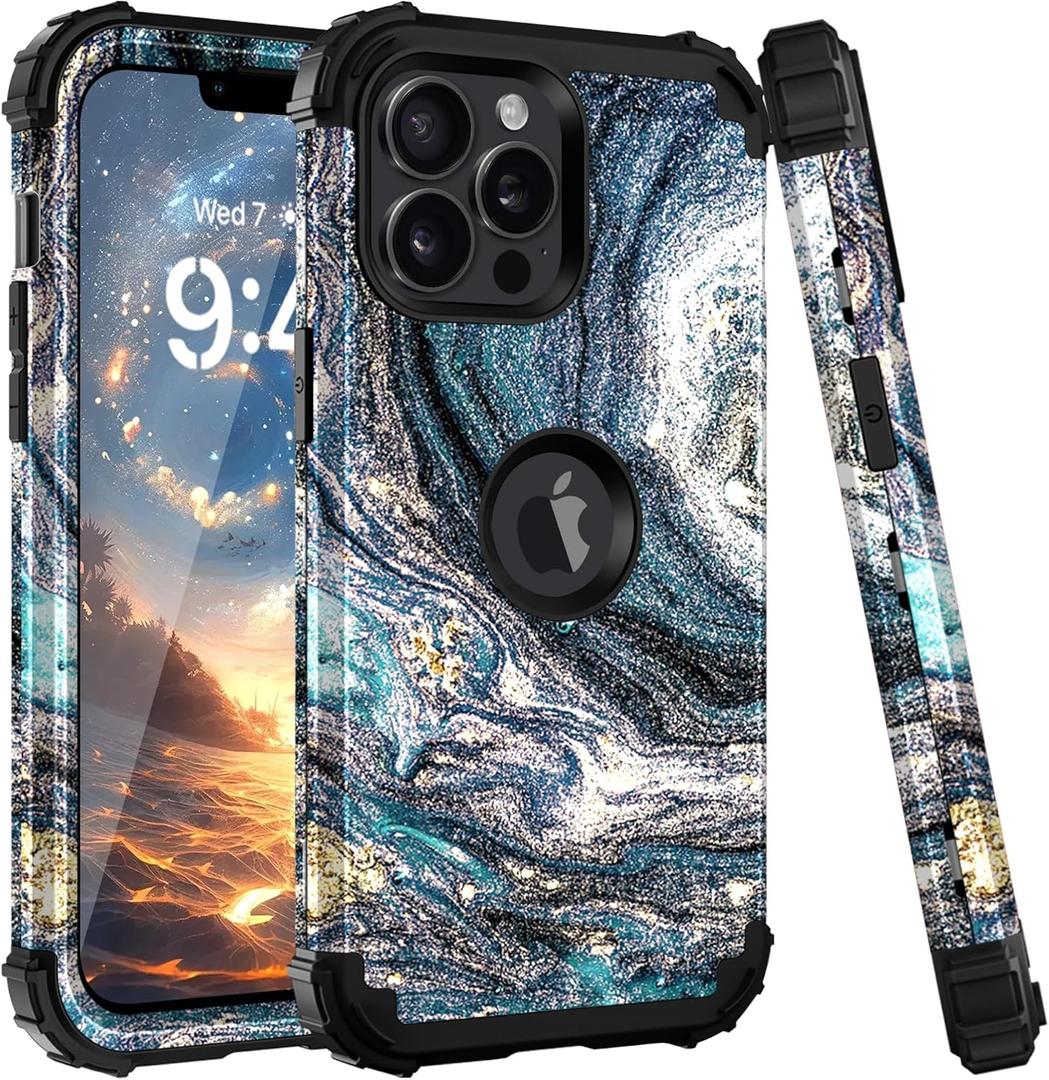 Case for iPhone 13 Pro Max Case,Marble Pattern 3 in 1 Heavy Duty Shockproof Full Body Women Men Hard PC Soft Silicone Rugged Bumper Drop Protective Case Cover for iPhone 13 Pro Max,Navy Blue