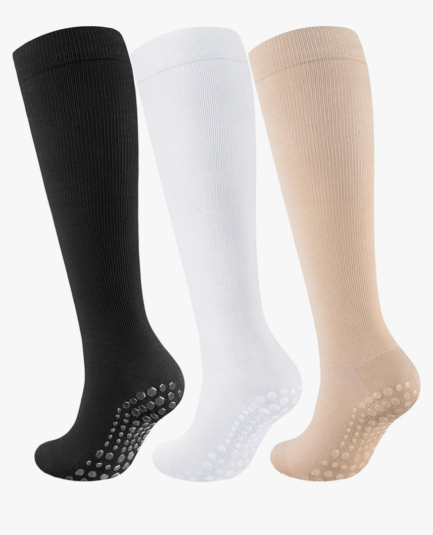 Cotton Compression Socks Women&Men with Grips Non Slip 15-20mmHg Knee High Graduated Sock for Nurse, Pregnancy, Yoga, S/M