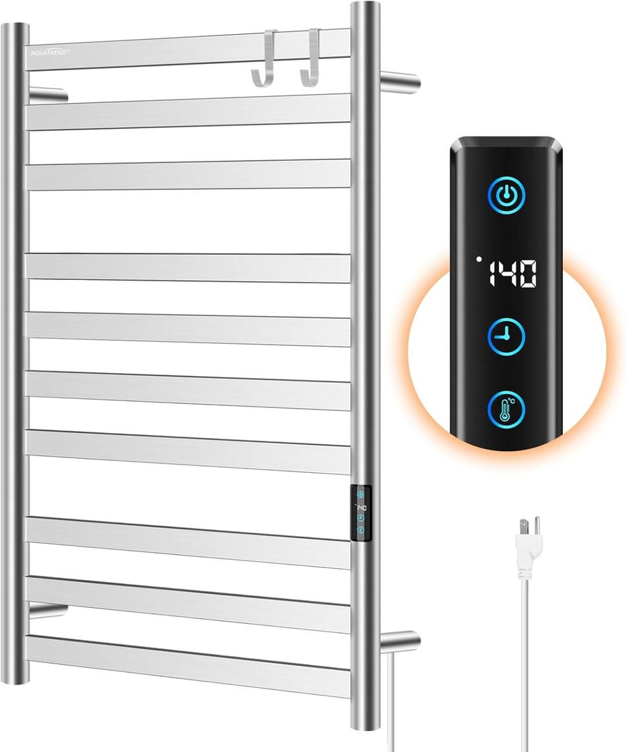 Heated Towel Rack for Bathroom, Towel Warmer with 10 Bar Flat Rack Large, Electric Hot Towel Rack Wall Mounted, LED Buit-in Timer, Plug-in, Stainless Steel, Fast Heating, Brushed Nickel