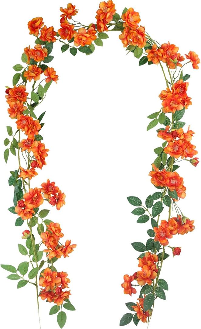 2 Pcs Artificial Flowers Garland for Outdoors Orange Faux Gardenia Garland 12Ft Silk Rose Hanging Vines Floral for Wedding Arch Party Wall Garden Ceremony Backdrop Fence Spring Decor