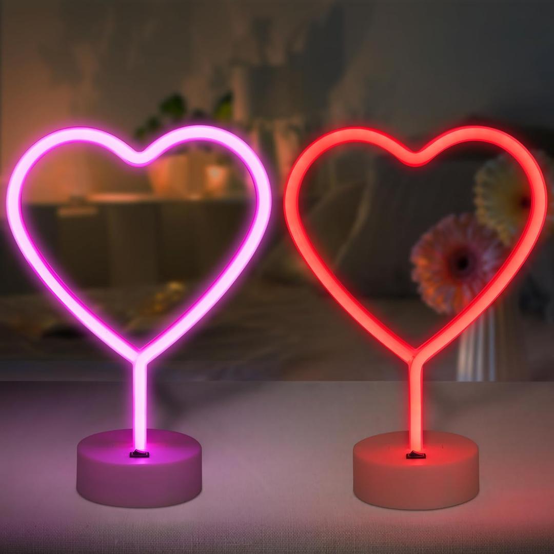 BRIGHTDECK Valentines Day Decorations, 2 Pack Heart Neon Signs, LED Pink Lights Battery Operated or USB Powered, Neon Lights Heart Decor for Valentine's Day Gifts, Wedding, Party, Pink Room Decor