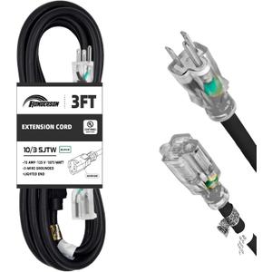 Extension Cord Weatherproof with Lighted End, UL Listed, 10 Gauge 3FT Black 3 Prong Heavy Duty, 10/3 SJTW 15A Power Cord for Lights, Lawn
