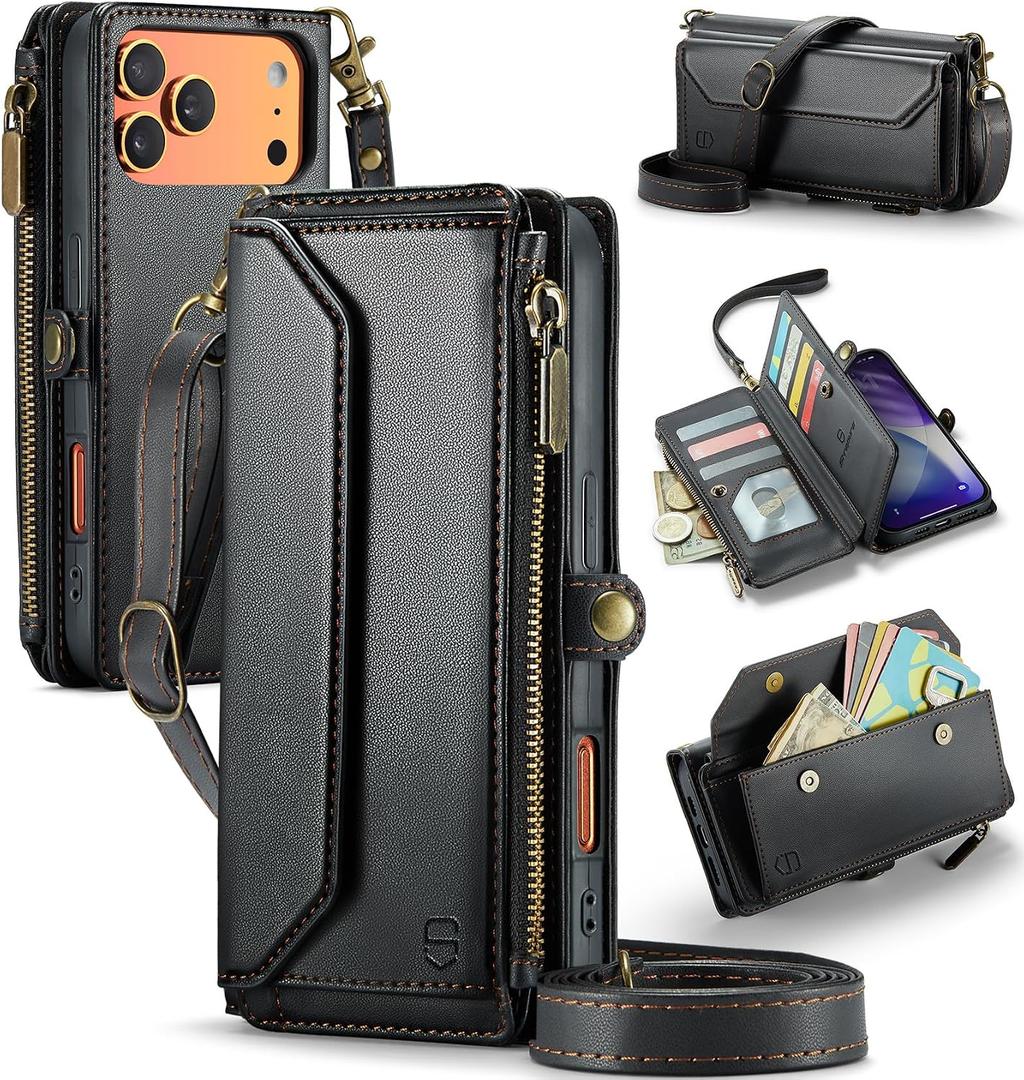 Strapurs Wallet Case Compatible with iPhone 17 Pro Max 6.9" RFID Blocking 10-Card Holder Soft PU Leather Magnetic Snap Shoulder Strap Zipper Pocket Phone Case Fit for iPhone 17 Pro Max - Black