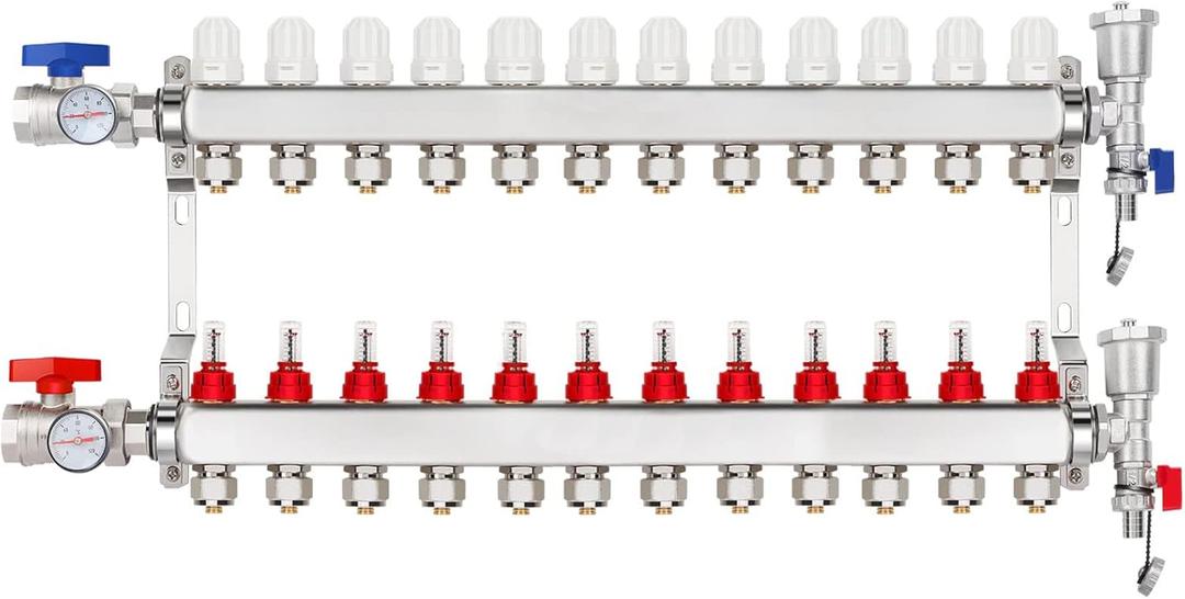 12-Branch PEX/Radiant Heat Manifold1/2" PEX Tubing Manifold,304 Stainless Steel Floor Heat Manifold Kit with 1/2" Adapters Included for Hydronic Radiant Floor Heating (12-Loop)