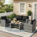 Wisteria Lane Patio Furniture Set, Wicker Outside Outdoor Furniture for All Weather, Patio Sofa with High Backrest Support and Wide Armrest for Backyard, Balcony, Deck, Porch, Black (4)