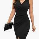 2025 Women's Sexy V Neck Sleeveless Faux Wrap Ruched Sheath Bodycon Cocktail Party Work Dress Medium Black