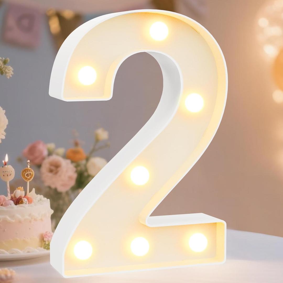 Pooqla Decorative Led Light Up Number Letters, White Plastic Marquee Number Lights Sign Party Wedding Decor Battery Operated Number (2) (8.86 in)