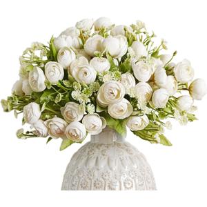 Letjolt Artificial Ranunculus Flower White Silk Flowers Faux DIY Bouquet for Wedding Engagement Centerpieces Arrangements Bridal Shower Decorations Home Decor, White