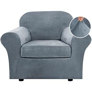  H.VERSAILTEX Rich Velvet Stretch 2 Piece Cover Chair Slipcover Sofa Cover Furniture Protector Couch Soft with Elastic Bottom Chair Couch Cover with Arms Width Up to 49 Inch(Chair, Stone Blue)