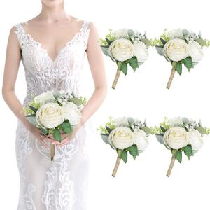 Bridesmaid Bouquets - Set of 4 Ivory White Artificial Flowers Bouquet Wedding Rustic Small Floral Centerpieces for Marriage Proposal Party Anniversary Dining Table Decorations