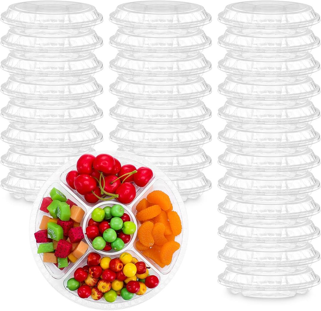 30 Pack Plastic Appetizer Trays with Lids, 6 Compartment Serving Platters Tray, 9.5 Inch Clear Disposable Food Storage Containers, Kids Snack, Fruit Platter Vegetable Trays for Party and Buffet