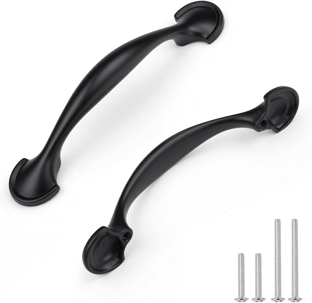 3" (76mm) Black Cabinet Pulls - Zinc Alloy Handles for Kitchen Cabinets & Drawers Pack of 10 | Curved Design Cabinet Hardware, Dresser Pulls
