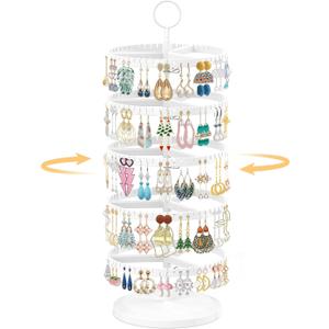 EsLuker.ly Earring Holder Organizer Rotating Stud Display Tree Rack with 285 U-Slots for Women Girls, Large Adjustable 5 Tier Plastic Storage Stand with Metal Tray for Pierced Hoop Post Earring, White
