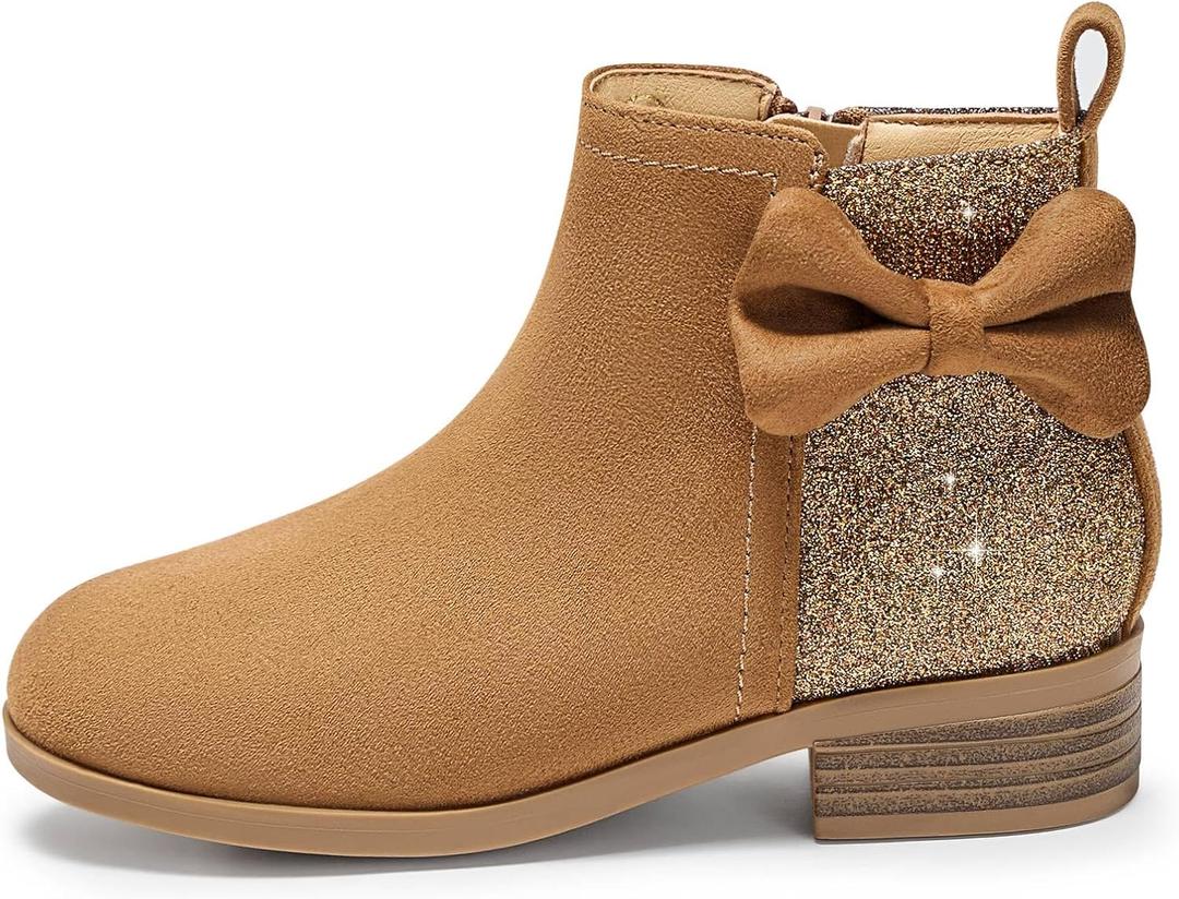 Coutgo Girls Bow Glitter Ankle Boots Side Zipper Low Heel Short Booties Dress Shoes (Brown) Size 12