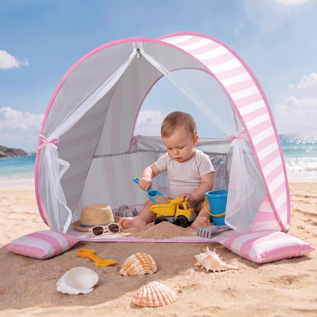 Pop Up Baby Beach Tent,UPF 50+ UV Sun Protection Portable Beach Tent for Baby Infant Toddler, Lightweight Sun Shelter with Ventilation Door Curtain,Outdoor Beach Travel Backyard, Pink, 54 x 35 x 26 inches