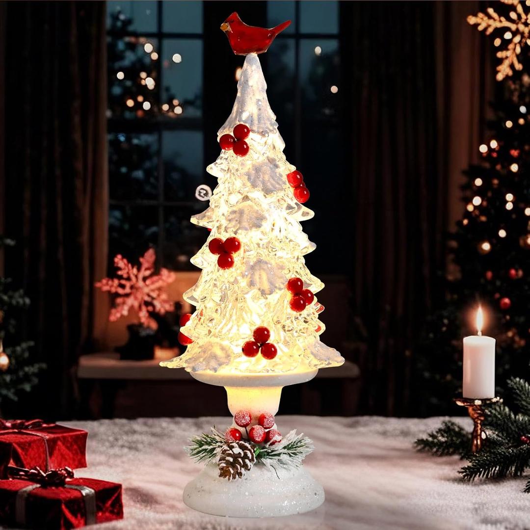 Yinns Acrylic Christmas Tree 14" Light up LED Cardinal Battery Operated Christmas Tree Tabletop Decor Christma Decoration Indoor Home Party Supplies