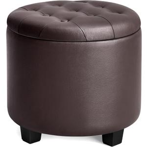 SONGMICS Round Ottoman, Ottoman with Storage, 17.7 x 17.7 x 17.5 Inches, Foot Rest with Legs, Synthetic Leather, Load up to 330 lb, for Living Room, Bedroom, Chestnut Brown ULOM014K01