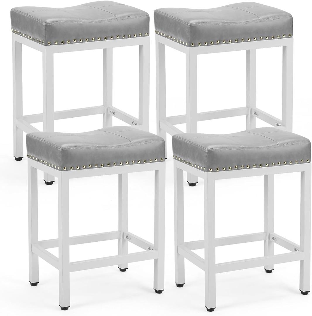 DUMOS Saddle Bar Stools Set of 4, 24 Inch Counter Height Stools with Curved PU Leather Surface, 3.7" Thick Upholstery Bar Height Stools with Footrest for Kitchen Island, Dining, Cafe, Gray